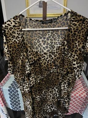 Notations Leopard Print Ruffle Short Sleeve Blouse - Brown and Black